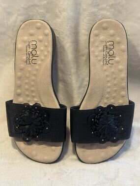 Malu Women's Black Leather Slide Sandals Comfort Made in Brazil Size 7 Beach